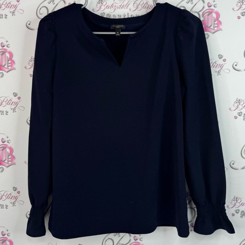 Talbots long sleeve puff sleeve smocked long sleeve Classic Navy Blouse